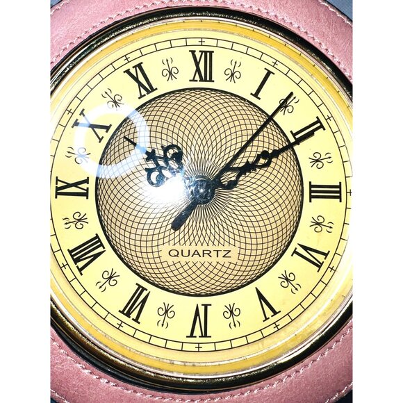 Round Pink Faux Leather Crossbody Purse Functional Clock Face Design Gold Accent - Picture 3 of 7